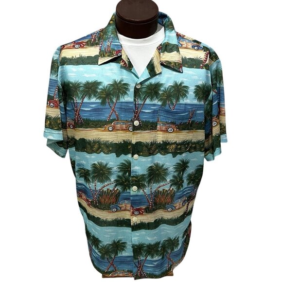 Vintage Ocean Current Hawaiian Shirt Mens XL Old Cars Palm Trees Beach Scene - Picture 1 of 8